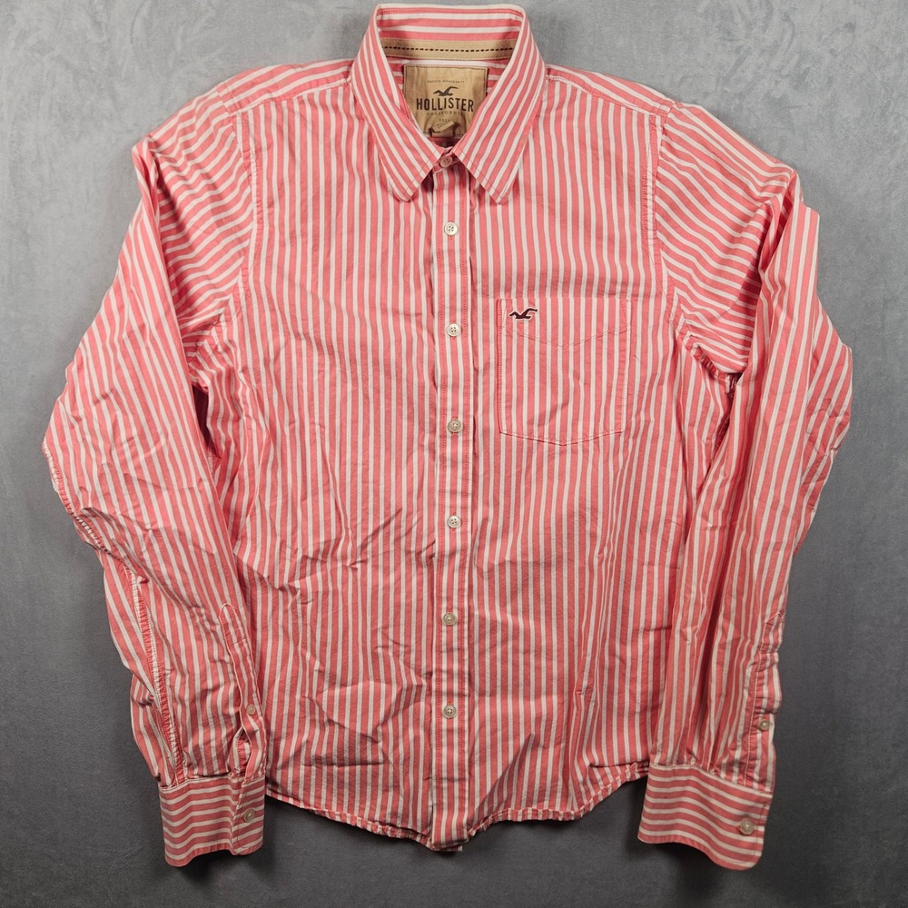 Hollister Button Up Shirt Mens XL Pink White Striped Pocket Preppy Beach Y2K
